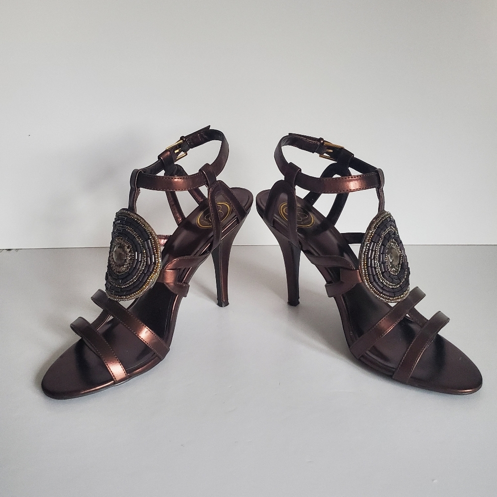 JESSICA SIMPSON Brown Matte Metallic Stilettos Strappy Beaded Medallion LIKE NEW